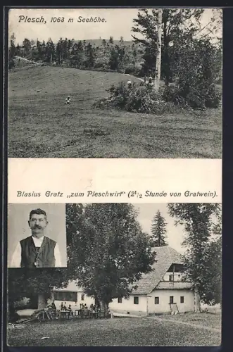 AK Gratwein-Strassengel, Plesch bei Gratwein, Gasthaus von Blasius Gratz zum Pleschwirt, Portrait des Inhabers