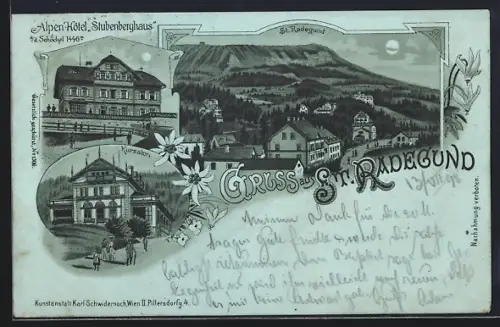Mondschein-Lithographie St. Radegund am Schröckl, Alpen-Hotel Stubenberghaus a. d. Schöckl, Kursalon