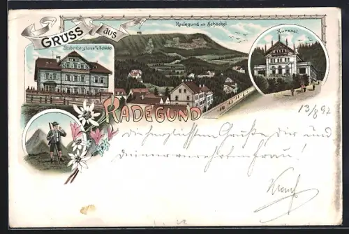 Lithographie Radegund am Schröckel, Hotel Stubenberghaus, Kursaal, Ortsansicht mit Schöckel
