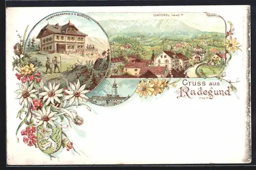 Lithographie Radegund am Schröckel, Gasthaus Stubenberghaus a. d. Schöckl, Ortsansicht mit Schöckl