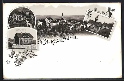 Lithographie St. Radegund am Schröckl, Gasthaus Schöckelhaus, Cursalon, Schöckl-Bartl., Ortsansicht aus der Vogelschau