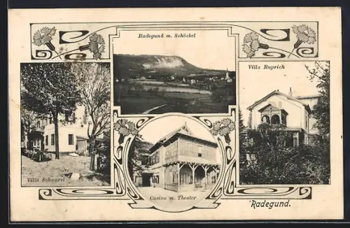AK Radegund am Schröckel, Villa Ruprich, Casino m. Theater, Villa Schwarzl, Ortsansicht m. Schöckel
