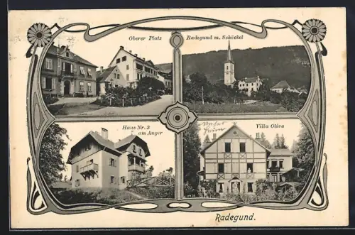AK Radegund am Schröckel, Villa Oliva, Haus Nr. 3 am Anger, Oberer Platz, Kirche