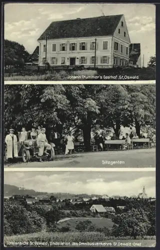 AK St. Oswald bei Plankenwarth, Johann Trummer`s Gasthof mit Sitzgarten, Totalansicht