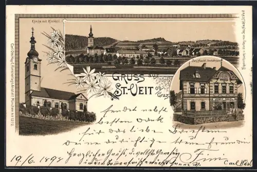Lithographie Graz, St. Veit, Jos. Hackls Geschäftshaus, Kirche und Totalansicht