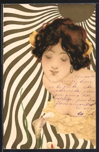 Künstler-AK Raphael Kirchner: junge Dame im Kleid, Sonne, Blumen