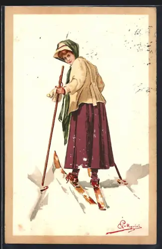 Künstler-AK Carlo Pellegrini: Dame auf Skiern