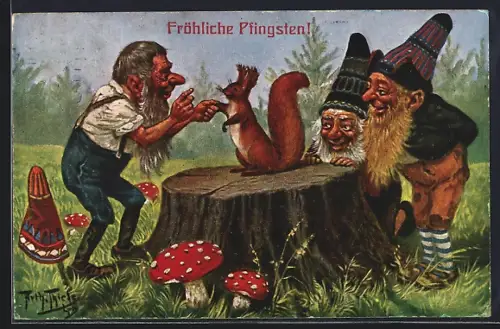 Künstler-AK Arthur Thiele: Zwerge begrüssen freudig ein Eichhörnchen