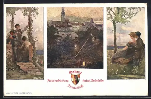 AK Freistadt, Teilansicht mit Kirche, Ferialverbindung deutsch. Hochschüler Ostara, Student. Szene, Verliebtes Pärchen