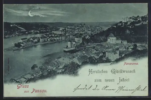 Mondschein-AK Passau, Panorama im Vollmondlicht