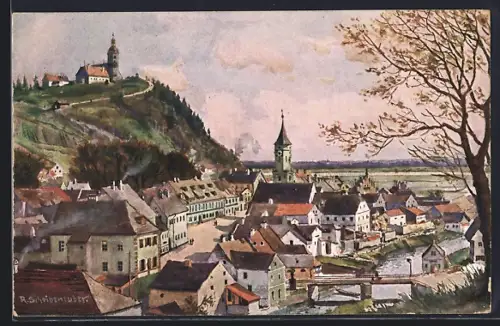 Künstler-AK Bogen, Stadtansicht mit Kirche und Bogenberg