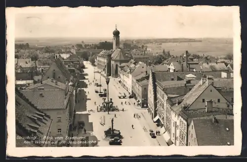 AK Straubing, Blick vom Stadtturm nach Westen auf die Jesuitenkirche