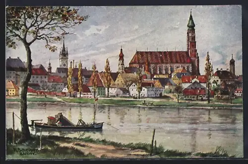 Künstler-AK Straubing, Stadtansicht mit Kirche