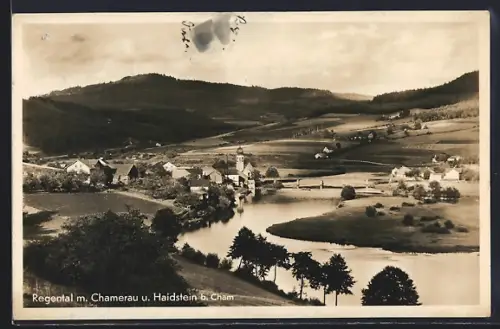 AK Cham, Panorama mit Regental, Chamerau und Haidstein