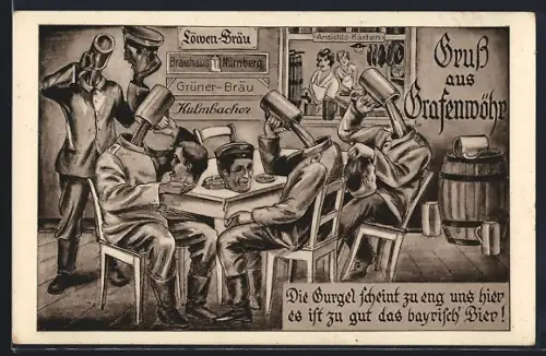 Künstler-AK Grafenwöhr, Biertrinker schütten sich Bier direkt in den Hals