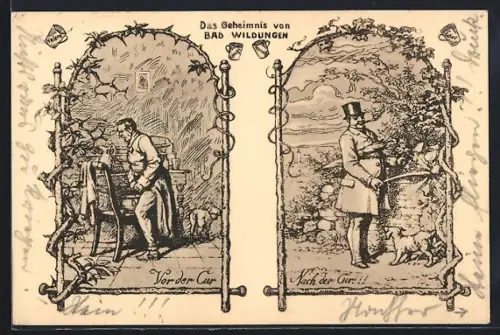Künstler-AK Bad Wildungen, Das Geheimnis von Bad Wildungen, Vr der Cur, Nach der Cur