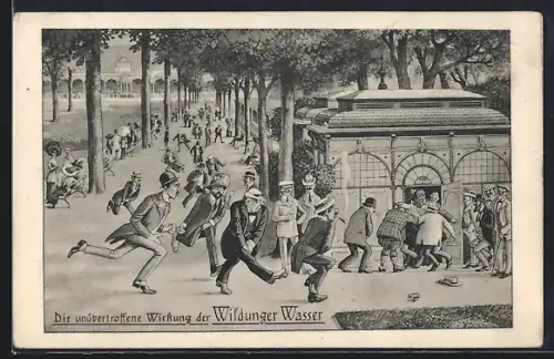 Künstler-AK Bad Wildungen, Wirkung der Wildunger Wasser, Männer rennen zur Toilette