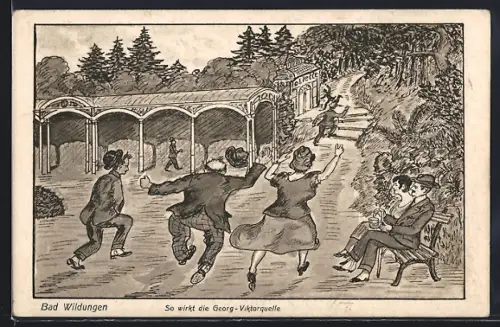 Relief-AK Bad Wildungen, Georg-Viktorquelle, Besucher rennen zur Toilette