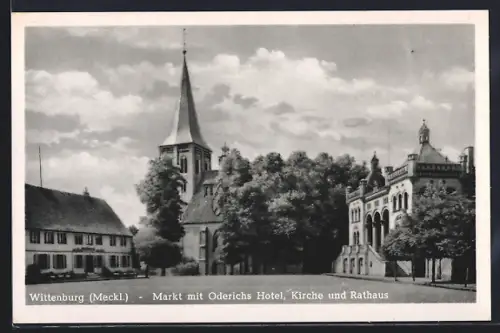 AK Wittenburg /Meckl., Markt mit Oderichs Hotel, Kirche und Rathaus