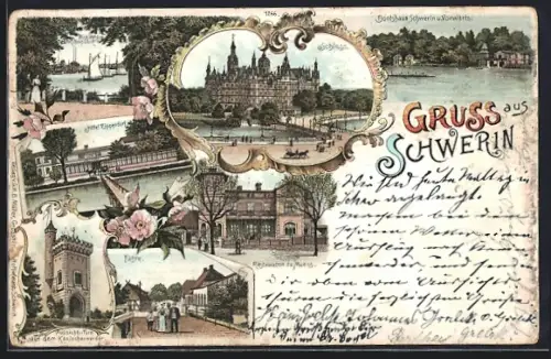 Lithographie Schwerin / Mecklenburg, Hotel Zippendorf, Restauration zu Muess, Schloss