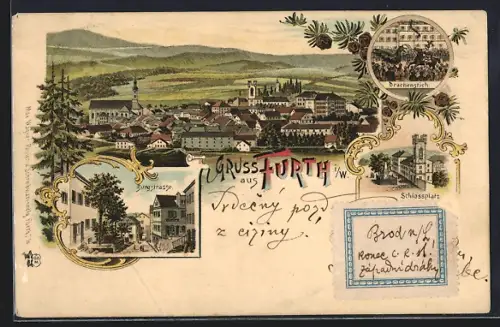 Lithographie Furth i. W., Schlossplatz, Burgstrasse, Drachenstich