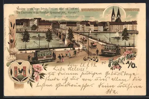 Lithographie Frankfurt / Oder, Neue Oderbrücke, Strassenbahn, Blumen