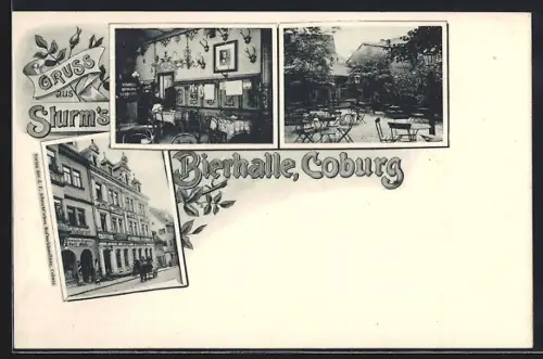 AK Coburg, Gastätte Bierhalle, Innen- und Aussenansicht, Germania Drogerie Carl Müller