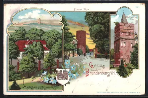 Lithographie Brandenburg / Havel, Plauer Thor, Marienberg m. Kriegerdenkmal v. d. Inf. Kaserne aus