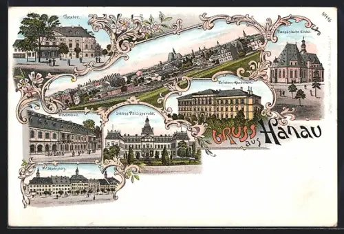 Lithographie Hanau, Zeichenakademie, Marktplatz und Theater