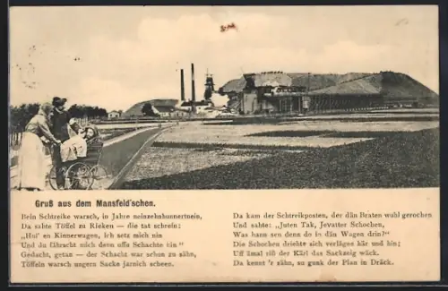 AK Mansfeld / Harz, Erzbergschacht mit Umgebung, Streikbrecher im Kinderwagen