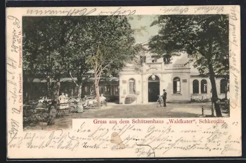 AK Schkeuditz, Gasthaus Schützenhaus Waldkater mit Grünanlage