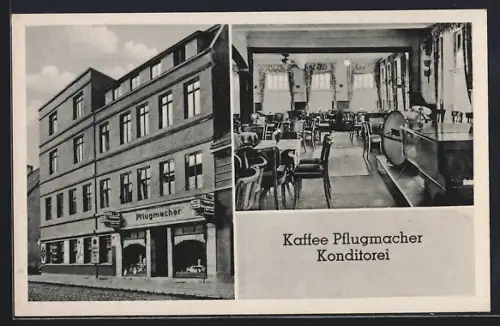 AK Calbe a. d. Saale, Cafe Pflugmacher, Innen- und Aussenansicht