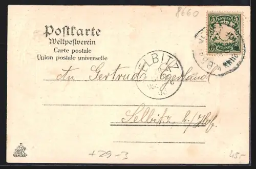 Passepartout-Lithographie Münchberg, Ortspanorama mit Schwalben