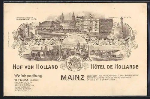 Künstler-AK Mainz, Hotel de Hollande, Inh. W. Frenz, Panorama mit Dom