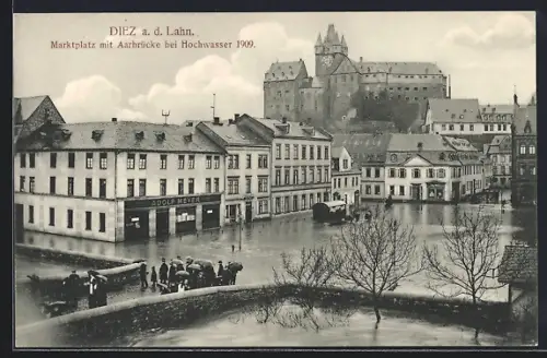 AK Diez a. d. Lahn, Marktplatz mit Aarbrücke bei Hochwasser 1909
