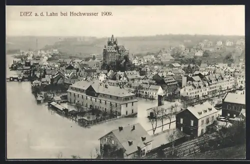 AK Diez a. d. Lahn, Hochwasser 1909, Ortsansicht aus der Vogelschau