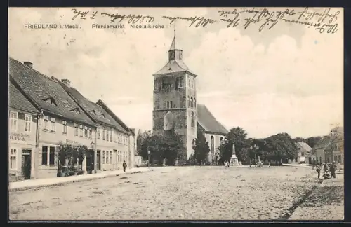 AK Friedland i. Meckl., Pferdemarkt und Nicolaikirche