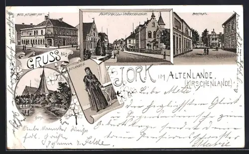 Lithographie Jork in Altenlande, Hotel Altländer Hof, Haupstrasse mit Sparkassengebäude, Marktplatz
