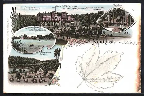 Lithographie Neukloster / Niederelbe, Kurhotel Paterborn, Aussicht vom Balkon, Ortsansicht m. d. Mühlenteich