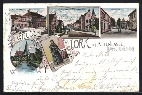Lithographie Jork im Altenlande, Hotel Altländer Hof, Marktplatz, Kirche, Hauptstrasse mit Sparkassengebäude