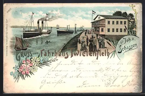 Lithographie Twielenfleth, Uferpartie am Fährhaus mit Schiffen, Booten, Fussgängern