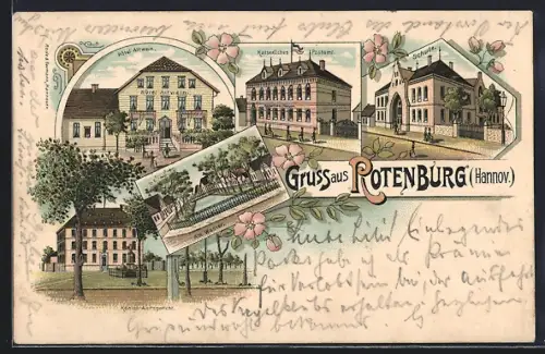 Lithographie Rotenburg / Hannover, Hotel Altwein, Kaiserliches Postamt, Schule, Am Wasser