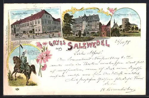 Lithographie Salzwedel, Westendorfs Hotel, Burg Albrecht des Bären, Probstei