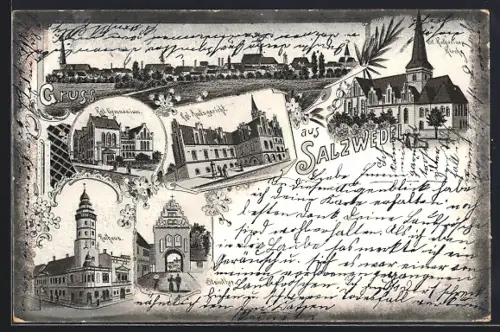 Lithographie Salzwedel, St. Katharinen Kirche, Kgl. Amtsgericht, Rathaus