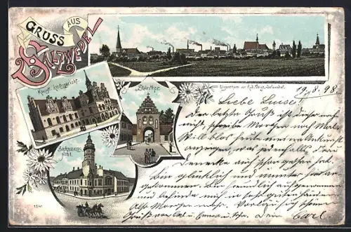 Lithographie Salzwedel, Beckmanns Hotel, Steinthor, Königl. Amtsgericht