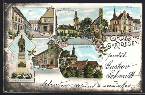 Lithographie Gardelegen, Oberpfarre, St. Marien Kirche, Rathaus, Ring