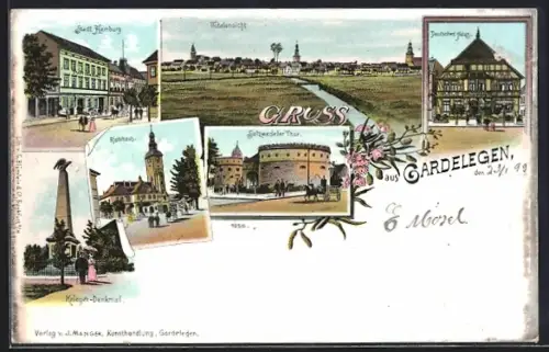 Lithographie Gardelegen, Deutsches Haus, Salzwedeler Thor, Haus Stadt Hamburg, Rathaus, Krieger-Denkmal