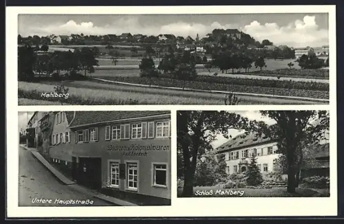 AK Mahlberg / Baden, Untere Hauptstrasse mit Bäckerei Kolonialwarenhandlung K. Friedrich, Schloss Mahlberg, Gesamtansicht
