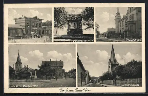 AK Dedeleben, Markt mit Marienkirche, Johanniskirche, Bahnhof