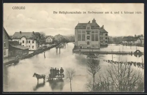 AK Coburg, Heiligkreuzschule im Hochwasser am 4. und 5. Februar 1909